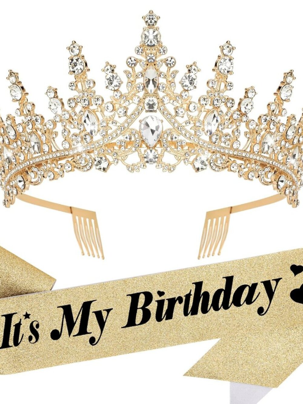 Birthday Tiara Crown and Sash Gold Tone with Rhinestones